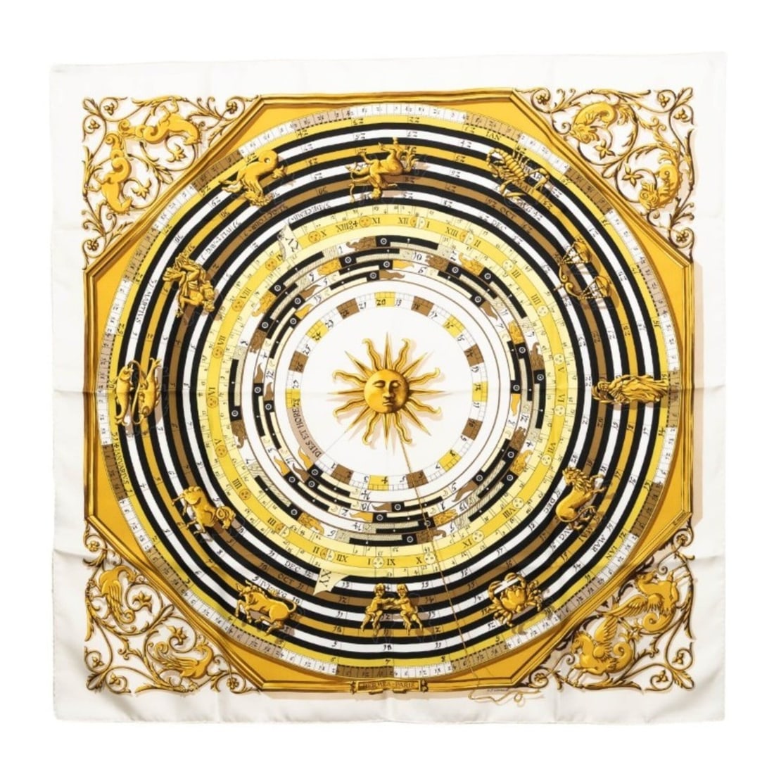 Hermes Carre 90 DIES ET HORE Astrology Scarf/Muffler White Multicolor Silk Women's HERMES: --- Catalog ---Category: SizeSize (LxW): 88cm x 90cm / 34.64'' x 35.43''Category: DesignType: ScarfColor: Multi-color, WhiteGender: WomenMaterial: Silk Category: GeneralBrand: Hermes--- Item List ---S