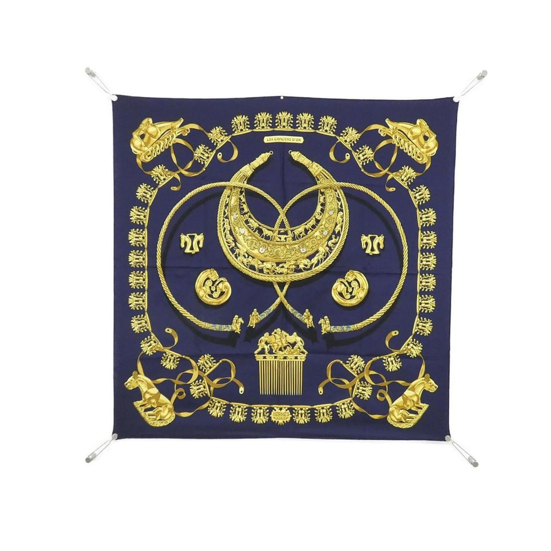 Hermes LES CAVALIERS D'OR Carre Scarf Muffler: --- Catalog ---Category: SizeSize (LxW): 90cm x 90cm / 35.43'' x 35.43''Category: DesignType: ScarfColor: BlueGender: Women,MenMaterial: Silk Category: GeneralBrand: Hermes--- Item List ---Section: Co