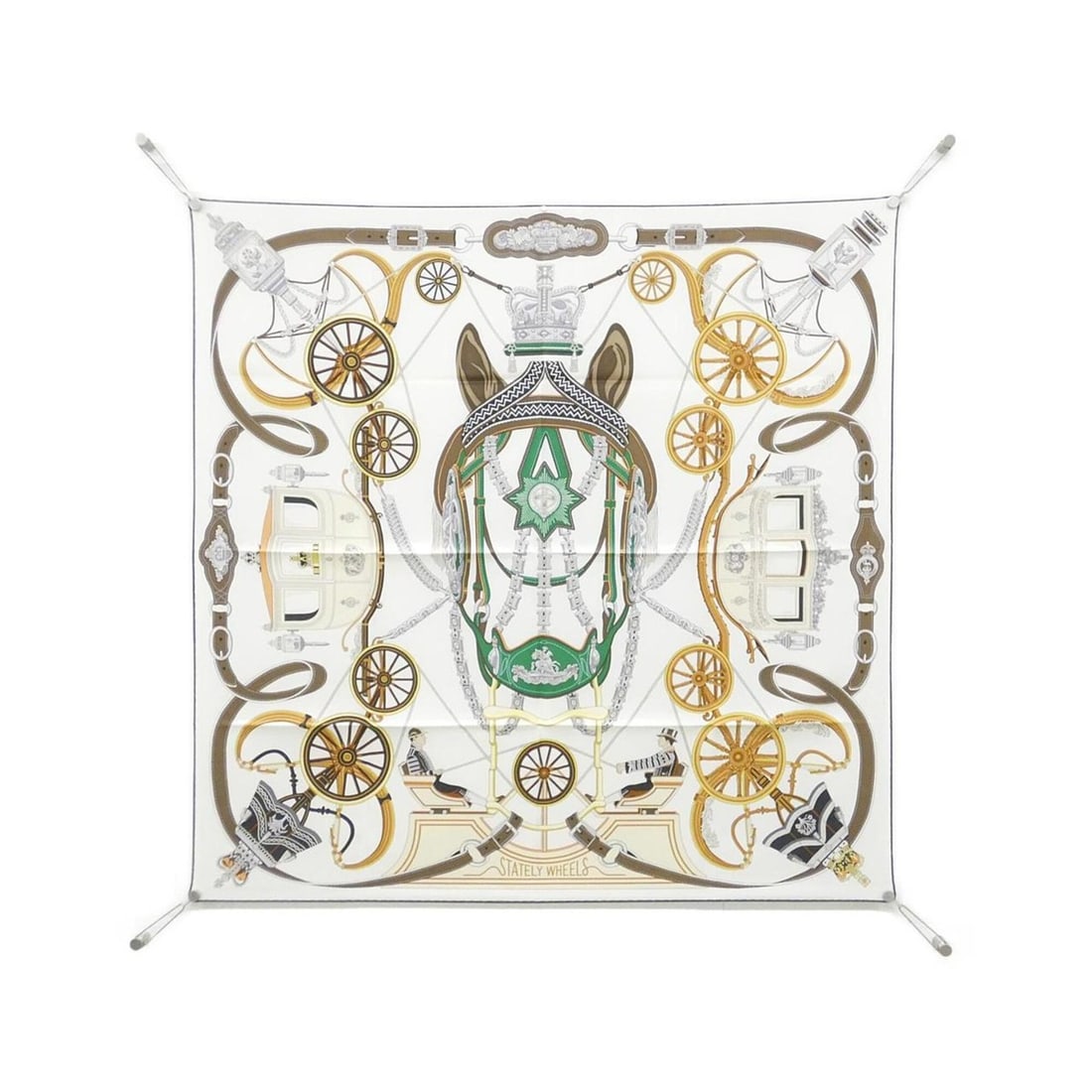Hermes Stately Wheels Carre 004163S Scarf/Muffler: --- Catalog ---Category: SizeSize (LxW): 90cm x 90cm / 35.43'' x 35.43''Category: DesignType: ScarfColor: WhiteGender: MenMaterial: Silk Category: GeneralMPN: 004163SBrand: Hermes--- Item List ---Sect