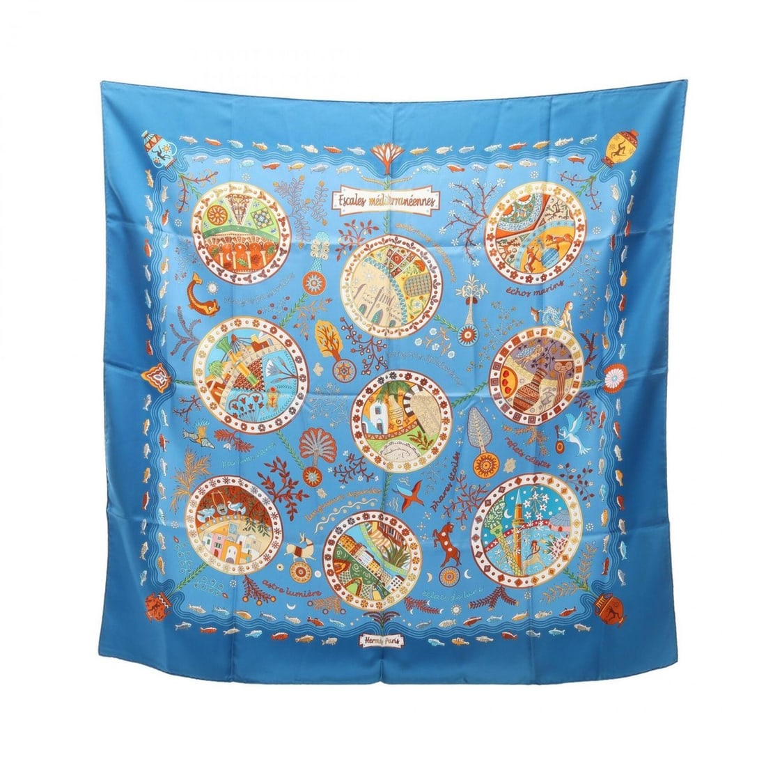 Hermes Carre 90 Escales mediterraneennes Scarf Muffler Silk Women's Blue Multicolor: --- Catalog ---Category: SizeSize (LxW): 89cm x 89cm / 35.03'' x 35.03''Category: DesignType: ScarfColor: Blue, Multi-colorGender: WomenMaterial: Silk Category: GeneralBrand: Hermes--- Item List ---Se