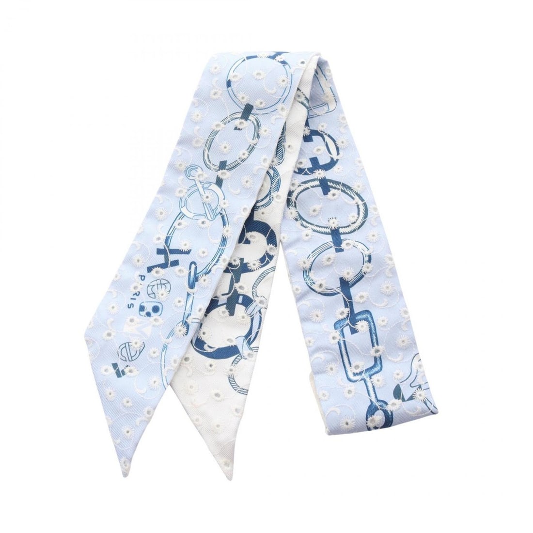 Hermes Twilly DO RE BOUCLES Broderie Anglaise Ribbon Scarf Muffler Silk Women's Blue White Navy: --- Catalog ---Category: SizeSize (LxW): 85cm x 5cm / 33.46'' x 1.96''Category: DesignType: ScarfColor: Blue, Navy, WhiteGender: WomenMaterial: Silk Category: GeneralLine: TwillyBrand: Hermes--- Item 