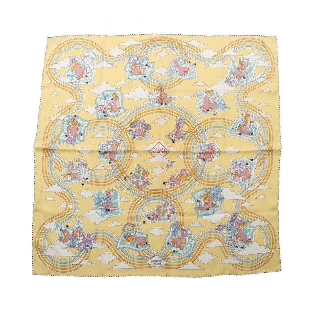 Hermes Carre 70 CARRES VOLANTS Scarf/Muffler, Silk, Women's, Yellow/Multicolor: --- Catalog ---Category: SizeSize (LxW): 66cm x 66cm / 25.98'' x 25.98''Category: DesignType: ScarfColor: Multi-color, YellowGender: WomenMaterial: Silk Category: GeneralBrand: Hermes--- Item List ---