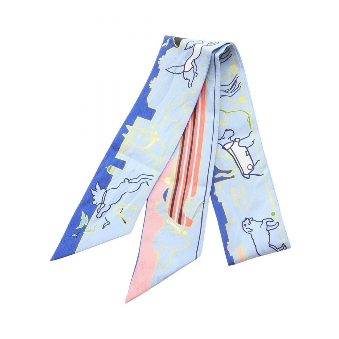 Hermes Twilly Les Chiens Parisiens Scarf Muffler Silk Women's Blue Multicolor: --- Catalog ---Category: SizeSize (LxW): 85cm x 5cm / 33.46'' x 1.96''Category: DesignType: ScarfColor: Blue, Multi-colorGender: WomenMaterial: Silk Category: GeneralBrand: Hermes--- Item List ---Sect