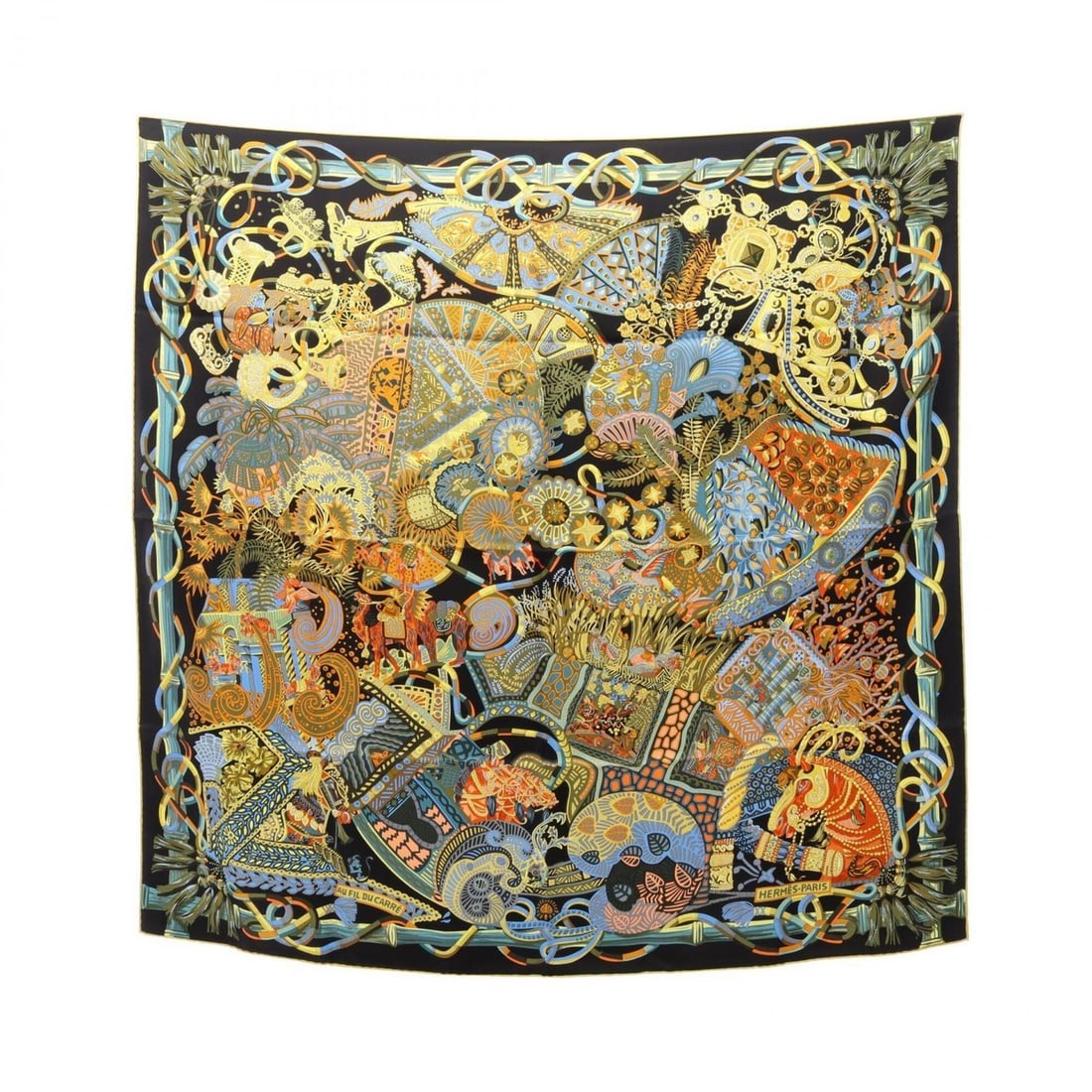 Hermes Carre 90 AU FIL DU CARRE Scarf/Muffler, Silk, Women's, Black/Multicolor: --- Catalog ---Category: SizeSize (LxW): 89cm x 89cm / 35.03'' x 35.03''Category: DesignType: ScarfColor: Black, Multi-colorGender: WomenMaterial: Silk Category: GeneralBrand: Hermes--- Item List ---S