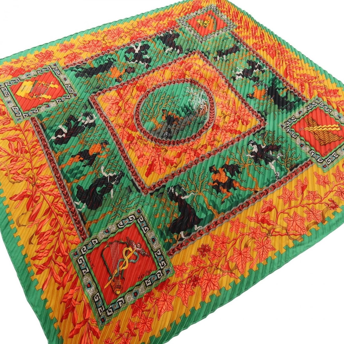 Hermes Carre Plissé MUSIQUE DES DIEUX Scarf/Muffler, Silk, Women's, Green/Orange Multicolor: --- Catalog ---Category: SizeSize (LxW): 1.3m / 51.18''Category: DesignType: ScarfColor: Green, Multi-color, OrangeGender: WomenMaterial: Silk Category: GeneralBrand: Hermes--- Item List ---Section: C