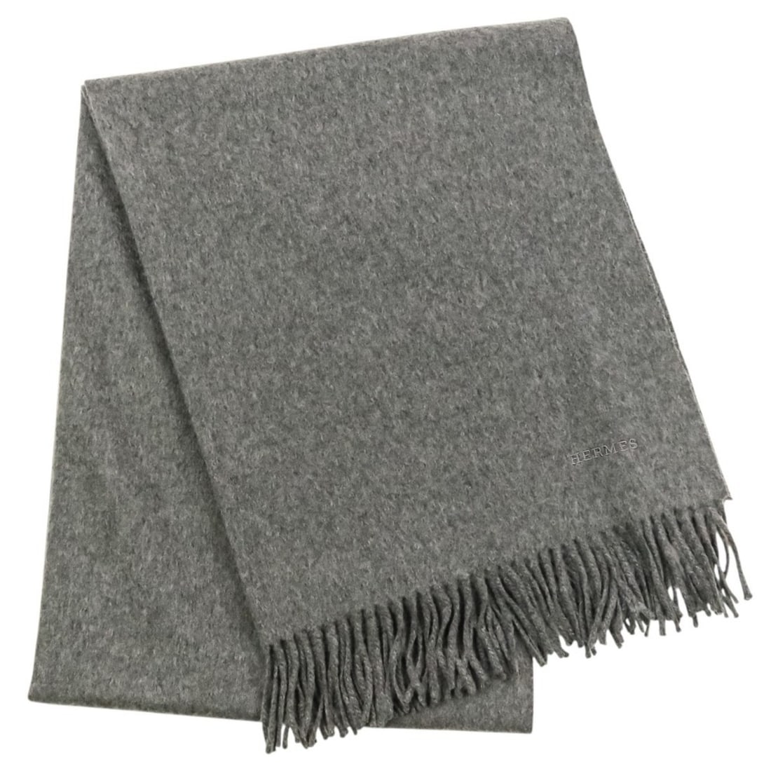 Hermes 100% Cashmere Fringe Large Stole/Scarf, Gray, Women's: --- Catalog ---Category: SizeSize (LxW): 75cm x 1.94m / 29.52'' x 76.37''Category: DesignType: StoleColor: GrayGender: WomenMaterial: Cashmere Category: GeneralBrand: Hermes--- Item List ---Section: C