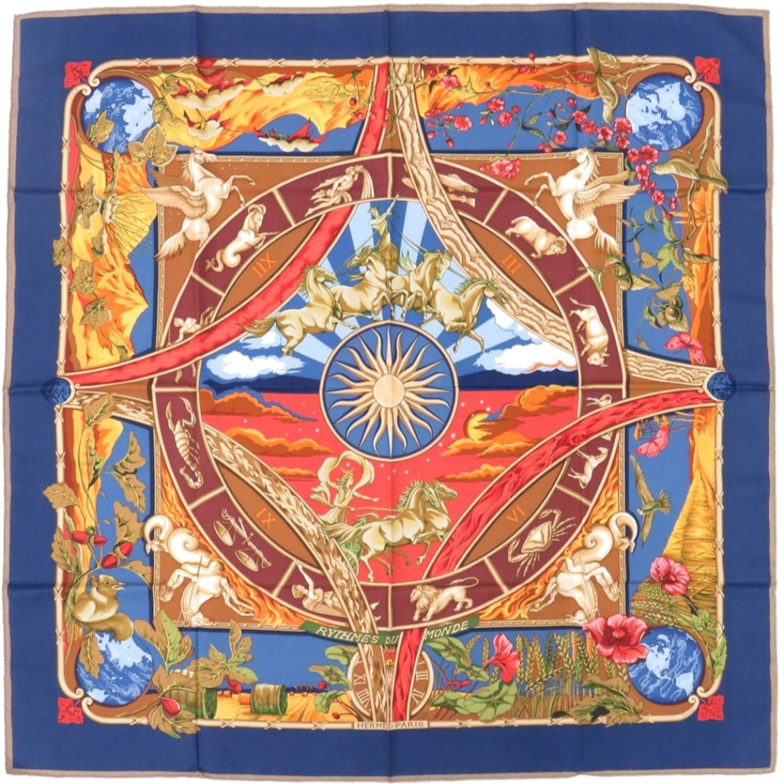 Excellent condition Hermes Carre 90 RYTHMES DU MONDE (Rhythms of the World) silk scarf/muffler: --- Catalog ---Category: SizeSize (LxW): 90cm x 90cm / 35.43'' x 35.43''Category: DesignType: ScarfColor: Blue, Brown, Red colorGender: WomenMaterial: Silk Category: GeneralBrand: HermesCountry of Ori