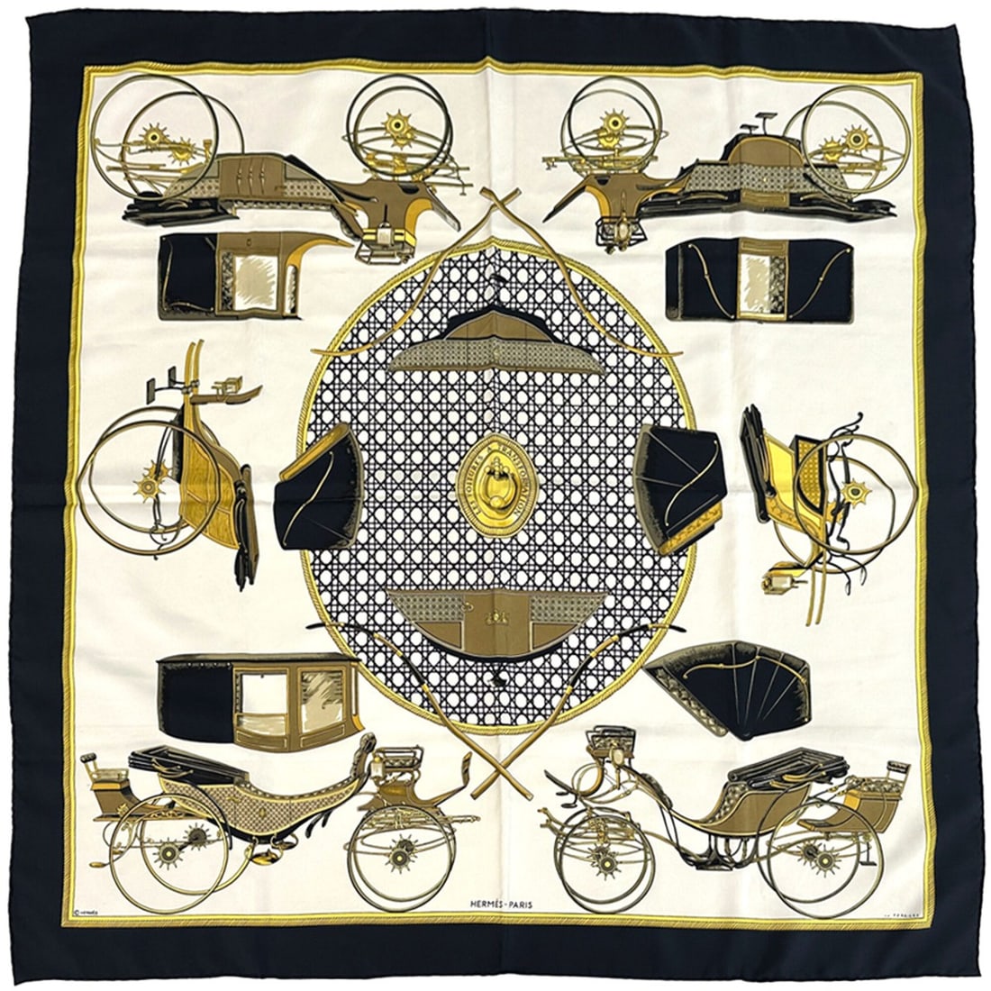 Hermes scarf, muffler, Carre 90, Les Voyures a Transformation (folding carriage), women's, brand,: --- Catalog ---Category: SizeSize (LxW): 90cm x 90cm / 35.43'' x 35.43''Category: DesignType: ScarfColor: Black, Multi-colorGender: WomenMaterial: Silk Category: GeneralBrand: HermesCountry of Origin: