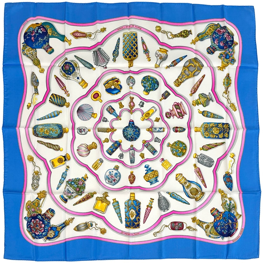 Hermes scarf, muffler, carre 90, "Qu'importe le flacon" perfume bottle design, women's, brand, silk,: --- Catalog ---Category: SizeSize (LxW): 90cm x 90cm / 35.43'' x 35.43''Category: DesignType: ScarfColor: Blue, Multi-colorGender: WomenMaterial: Silk Category: GeneralBrand: HermesCountry of Origin: 
