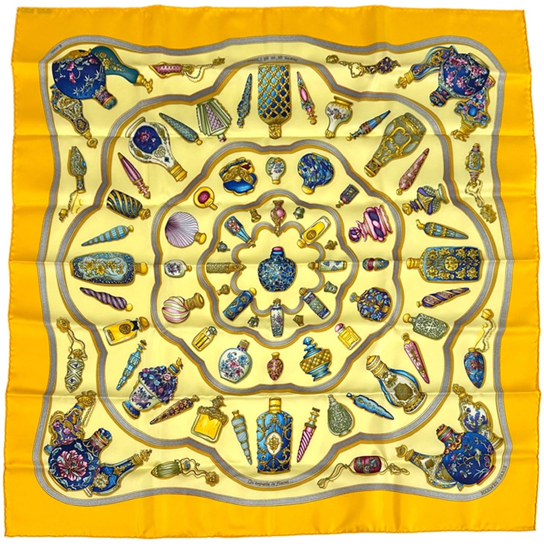 Hermes scarf, muffler, carre 90, "Qu'importe le flacon" perfume bottle design, women's, brand, silk,: --- Catalog ---Category: SizeSize (LxW): 90cm x 90cm / 35.43'' x 35.43''Category: DesignType: ScarfColor: Multi-color, YellowGender: WomenMaterial: Silk Category: GeneralBrand: HermesCountry of Origin