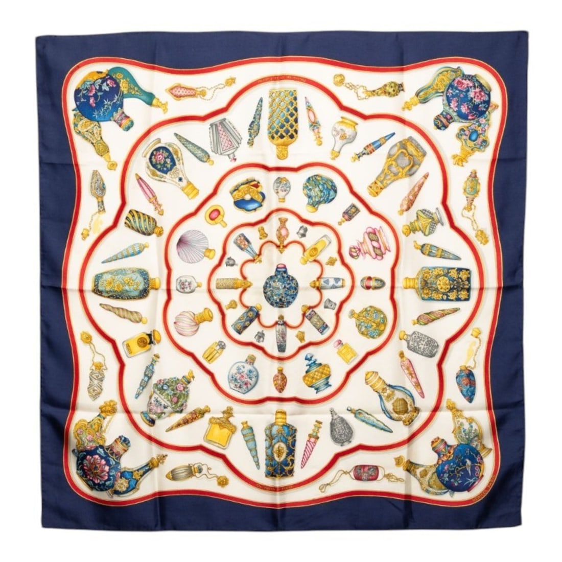 Hermes Carre 90 Qu importe le flacon Perfume Bottle Scarf Muffler Navy Multicolor Silk Women's: --- Catalog ---Category: SizeSize (LxW): 88cm x 87cm / 34.64'' x 34.25''Category: DesignType: ScarfColor: Multi-color, NavyGender: WomenMaterial: Silk Category: GeneralBrand: Hermes--- Item List ---Se