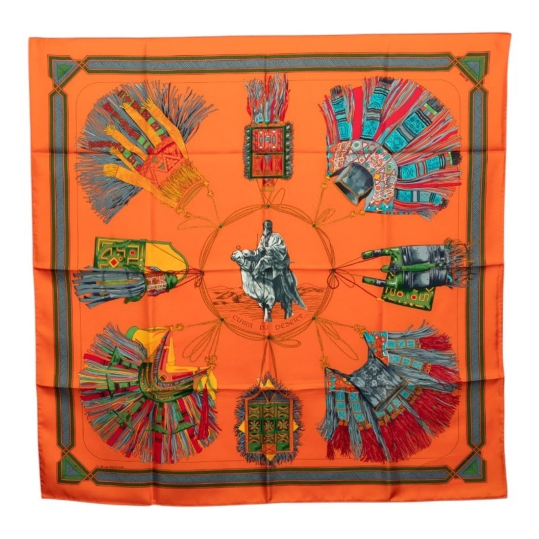 Hermes Carre 90 CUIRS DU DESERT (Desert Leather Trim) Scarf/Muffler, Orange Multicolor Silk,: --- Catalog ---Category: SizeSize (LxW): 87cm x 89cm / 34.25'' x 35.03''Category: DesignType: ScarfColor: Multi-color, OrangeGender: WomenMaterial: Silk Category: GeneralBrand: Hermes--- Item List ---