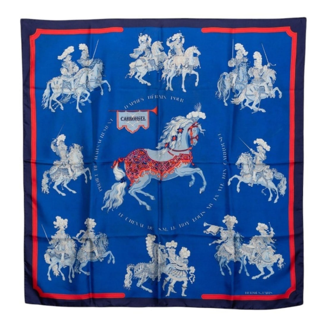 Hermes Carre 90 Carrousel Merry-Go-Round Scarf/Muffler, Blue Multicolor Silk, Women's.: --- Catalog ---Category: SizeSize (LxW): 88cm x 87cm / 34.64'' x 34.25''Category: DesignType: ScarfColor: Blue, Multi-colorGender: WomenMaterial: Silk Category: GeneralBrand: Hermes--- Item List ---Se