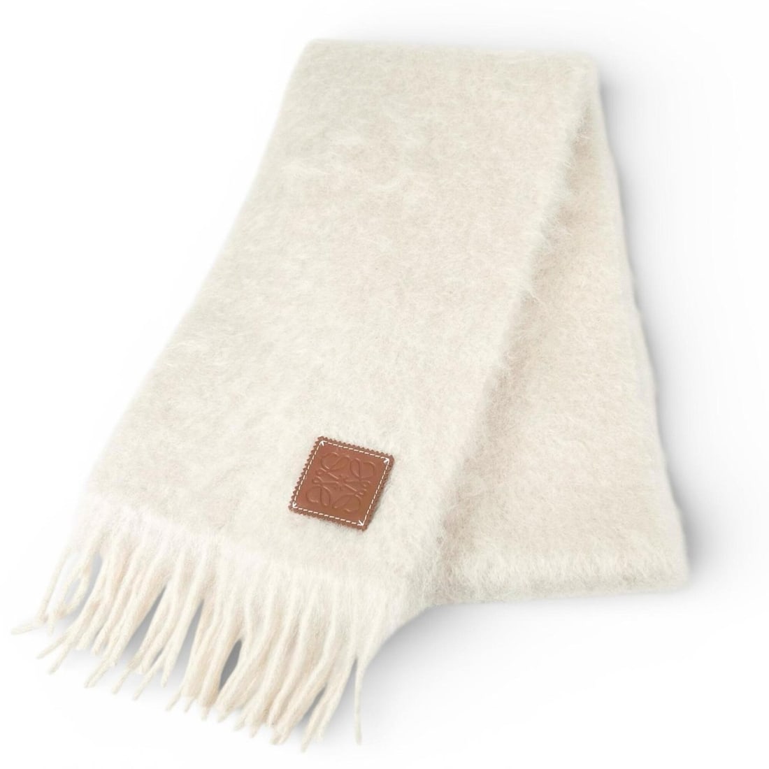 LOEWE Mohair Wool Anagram Leather Patch Fringe Scarf, Ivory, Made in Spain, Authentic, Women's (1 of 20)