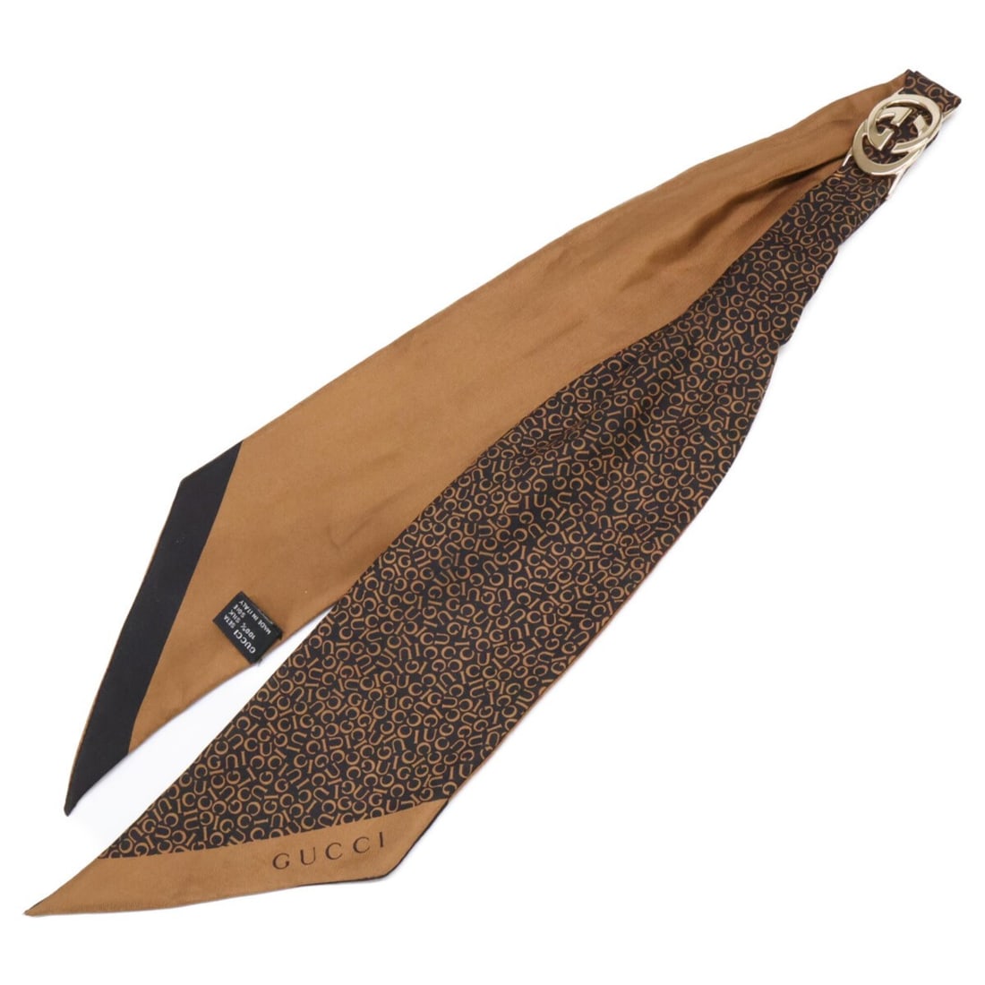GUCCI GG hardware logo pattern silk scarf/muffler, brown, for women.: --- Catalog ---Category: SizeSize (LxW): 91.5cm x 8cm / 36.02'' x 3.14''Category: DesignType: ScarfColor: BrownGender: WomenMaterial: Silk Category: GeneralBrand: Gucci--- Item List ---Section: Condit
