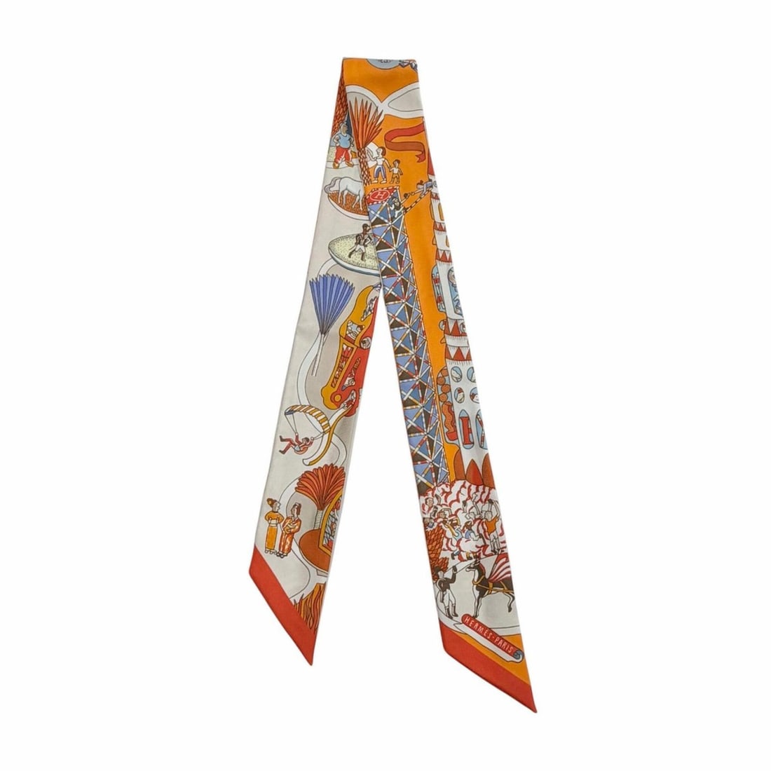 HERMES Twilly Exposition Universelle (World's Fair) 100% Silk Orange Ciel Brick Scarf/Muffler - Made: --- Catalog ---Category: SizeSize (LxW): 85.5cm x 5cm / 33.66'' x 1.96''Category: DesignType: ScarfColor: OrangeGender: WomenMaterial: Silk Category: GeneralBrand: HermesCountry of Origin: France--- I
