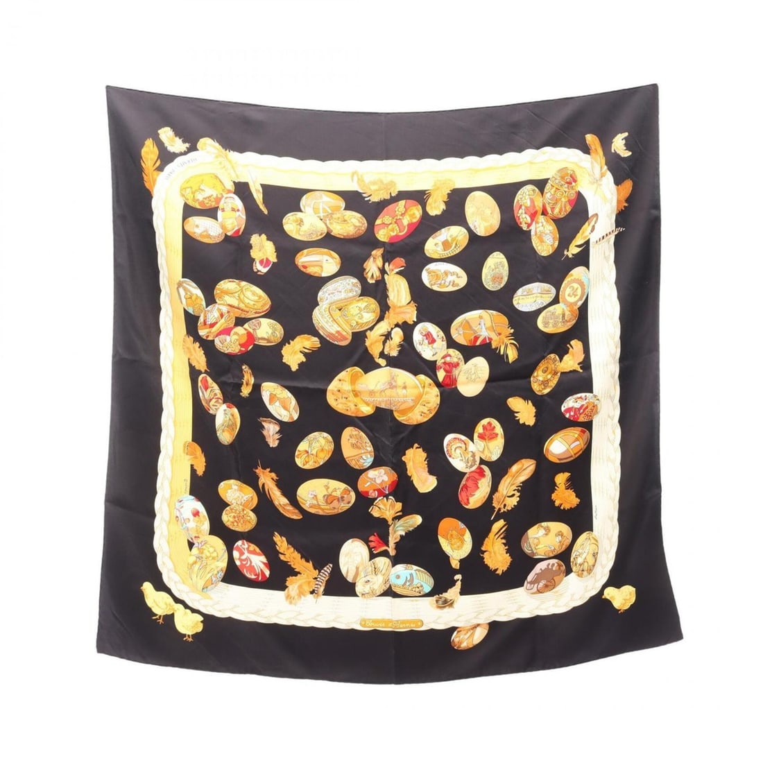 Hermes Carre 90 Couvee d'Hermes Scarf Muffler Silk Women's Black/Yellow Multicolor: --- Catalog ---Category: SizeSize (LxW): 89cm x 89cm / 35.03'' x 35.03''Category: DesignType: ScarfColor: Black, Multi-color, YellowGender: WomenMaterial: Silk Category: GeneralBrand: Hermes--- Item L