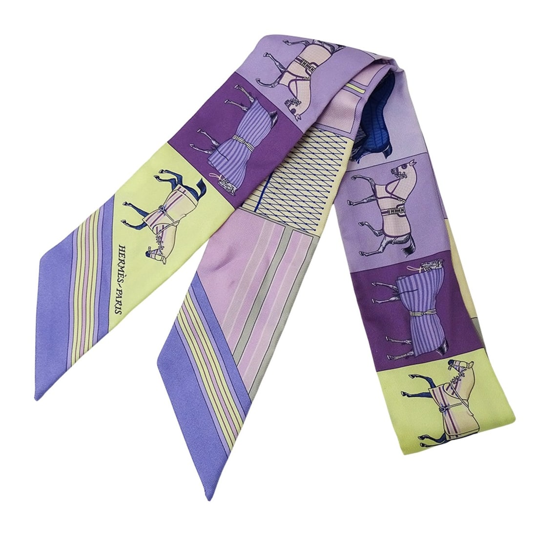 Hermes scarf/muffler for women, brand name Twilly, Couvertures Nouvelle (new horse blanket design),: --- Catalog ---Category: SizeSize (LxW): 5cm x 86cm / 1.96'' x 33.85''Category: DesignType: ScarfColor: Purple, YellowGender: WomenMaterial: Silk Category: GeneralBrand: HermesCountry of Origin: Franc