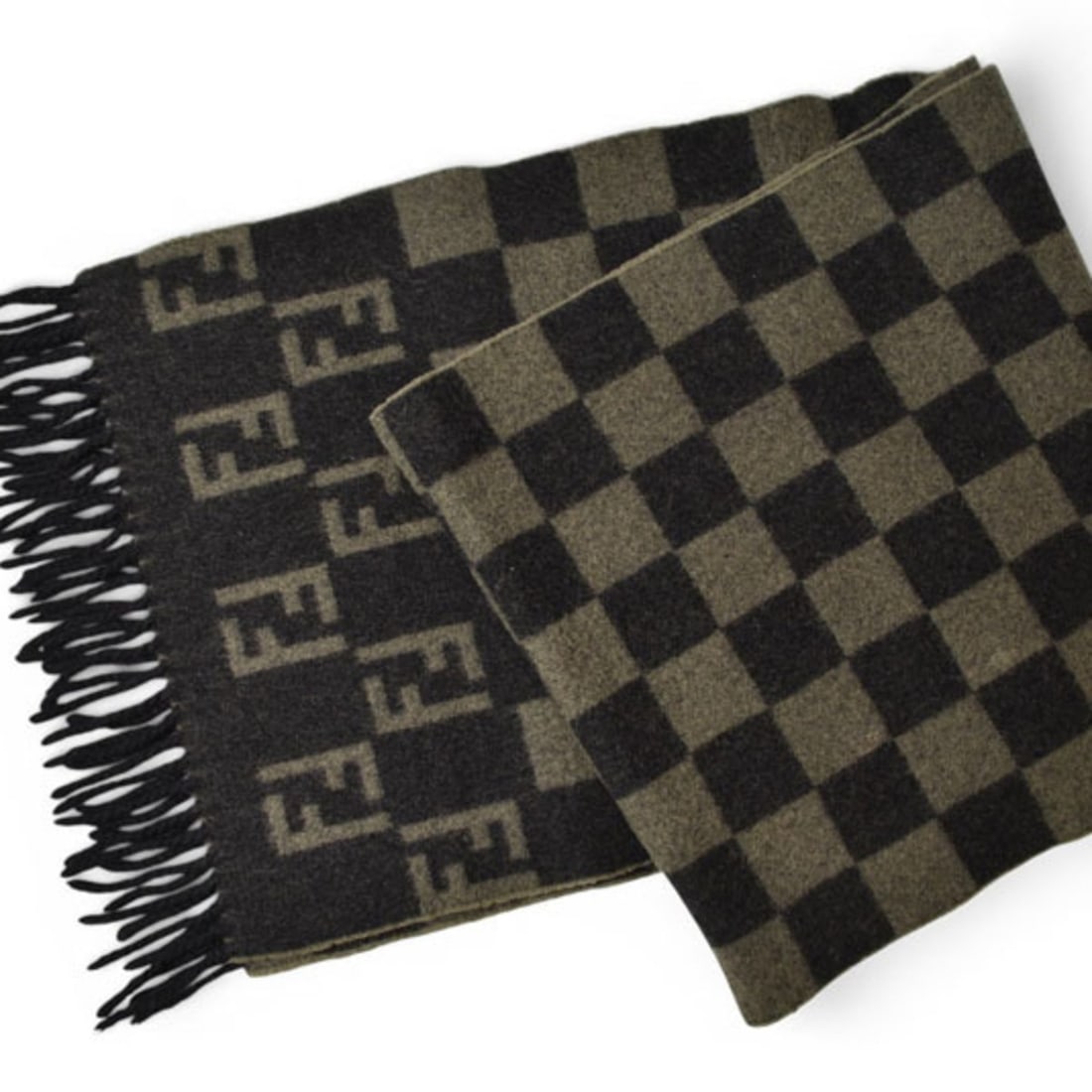 Fendi Scarf, Winter Reversible, 100% Wool, FF Zucca Pattern Check, Black/Gray: --- Catalog ---Category: SizeSize (LxW): 1.56m x 29cm / 61.41'' x 11.41''Category: DesignType: StoleColor: Black, GrayGender: Men,Women,UnisexMaterial: Wool Category: GeneralBrand: FendiCountry of Ori