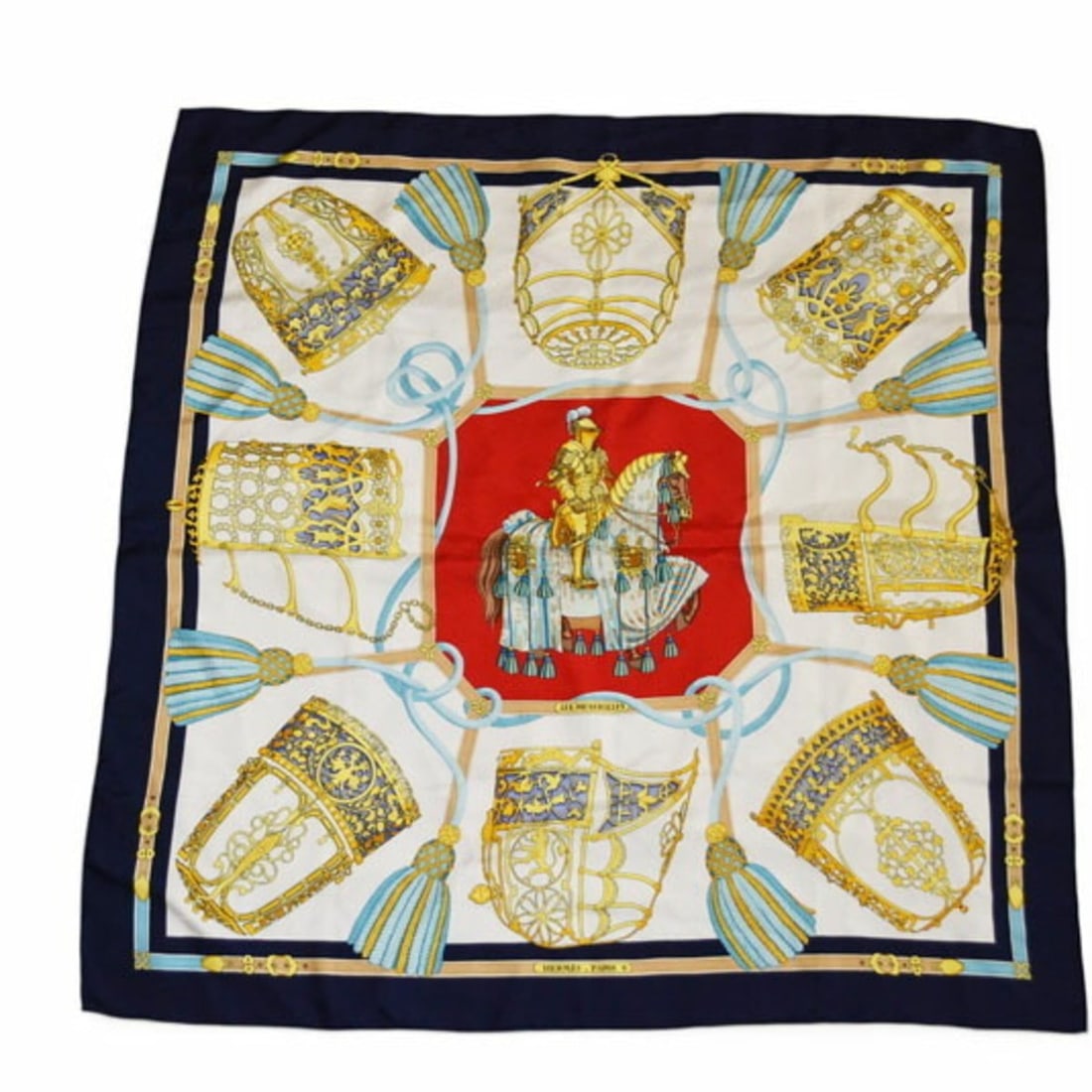 Hermes scarf/muffler, Carre 90, LES MUSEROLLES, 100% silk, navy and white. (1 of 20)