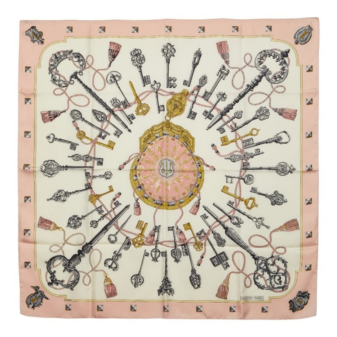 Hermes Carre 90 LES CLES THE KEYS RARE Key Pattern Scarf/Muffler, Large Size, Pink and White Silk,: --- Catalog ---Category: SizeSize (LxW): 89cm x 90cm / 35.03'' x 35.43''Category: DesignType: ScarfColor: Pink, WhiteGender: WomenMaterial: Silk Category: GeneralBrand: Hermes--- Item List ---Section: