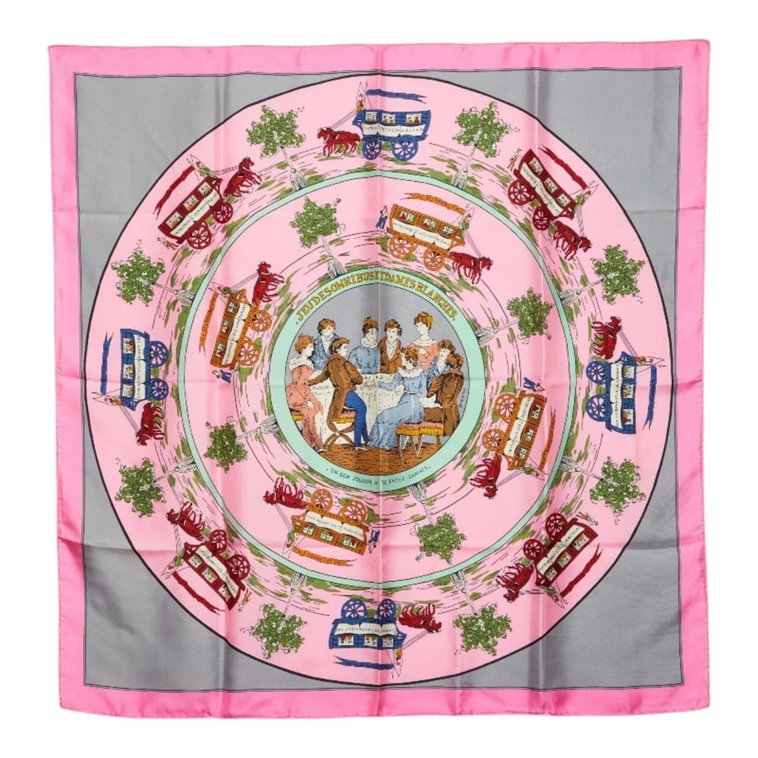 Hermes Carre 90 JEU DES OMNIBUS ET DAMES BLANCHES (The Game of Omnibus and Ladies) Scarf/Muffler,: --- Catalog ---Category: SizeSize (LxW): 87cm x 89cm / 34.25'' x 35.03''Category: DesignType: ScarfColor: PinkGender: WomenMaterial: Silk Category: GeneralBrand: Hermes--- Item List ---Section: Condit