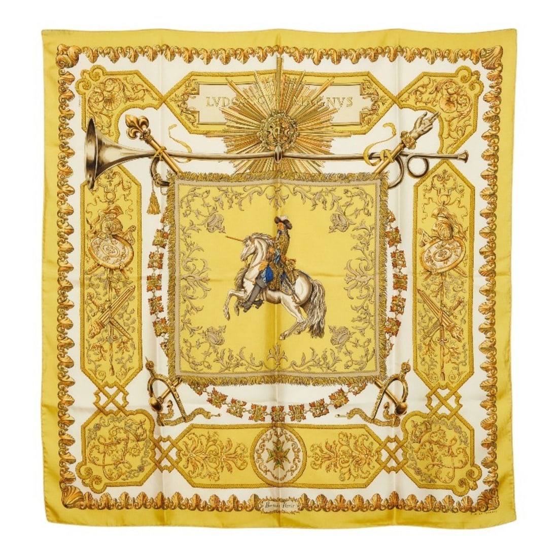 Hermes Carre 90 LVDOVICVS MAGNVS Louis XIV on a White Horse Scarf Muffler Yellow Silk Women's HERMES (1 of 11)