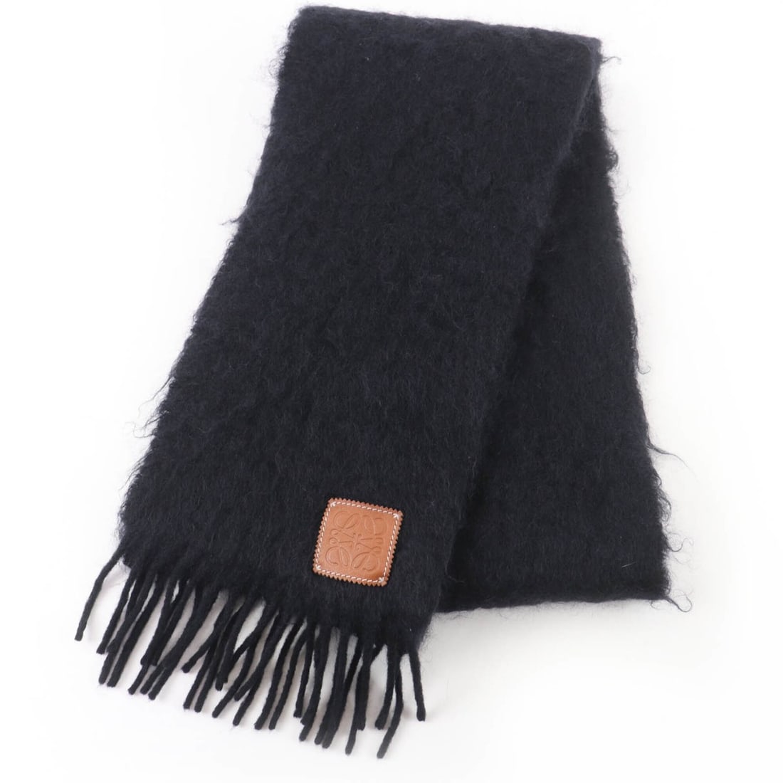 LOEWE Mohair Wool Anagram Leather Patch Fringe Scarf, Black, Made in Spain, Authentic, Women's (1 of 11)