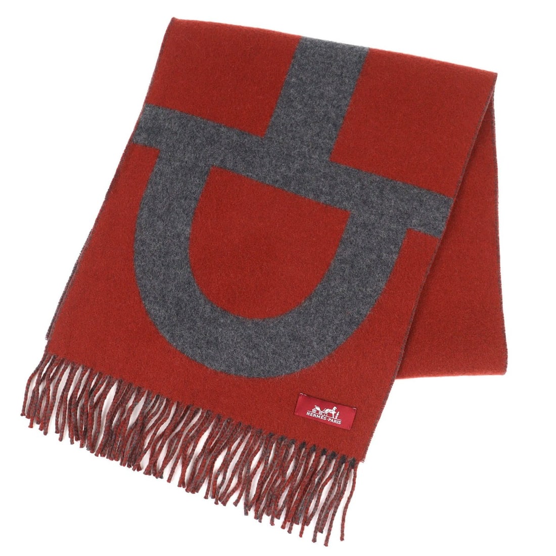 HERMES Grand Mall 100% Cashmere Fringe Scarf, Bi-color Brown & Gray, with Box, Made in England,: --- Catalog ---Category: SizeSize (LxW): 1.4m x 31.5cm / 55.11'' x 12.4''Category: DesignType: StoleColor: Brown, GrayGender: Men,WomenMaterial: Cashmere 100%Category: GeneralBrand: HermesCountry of O