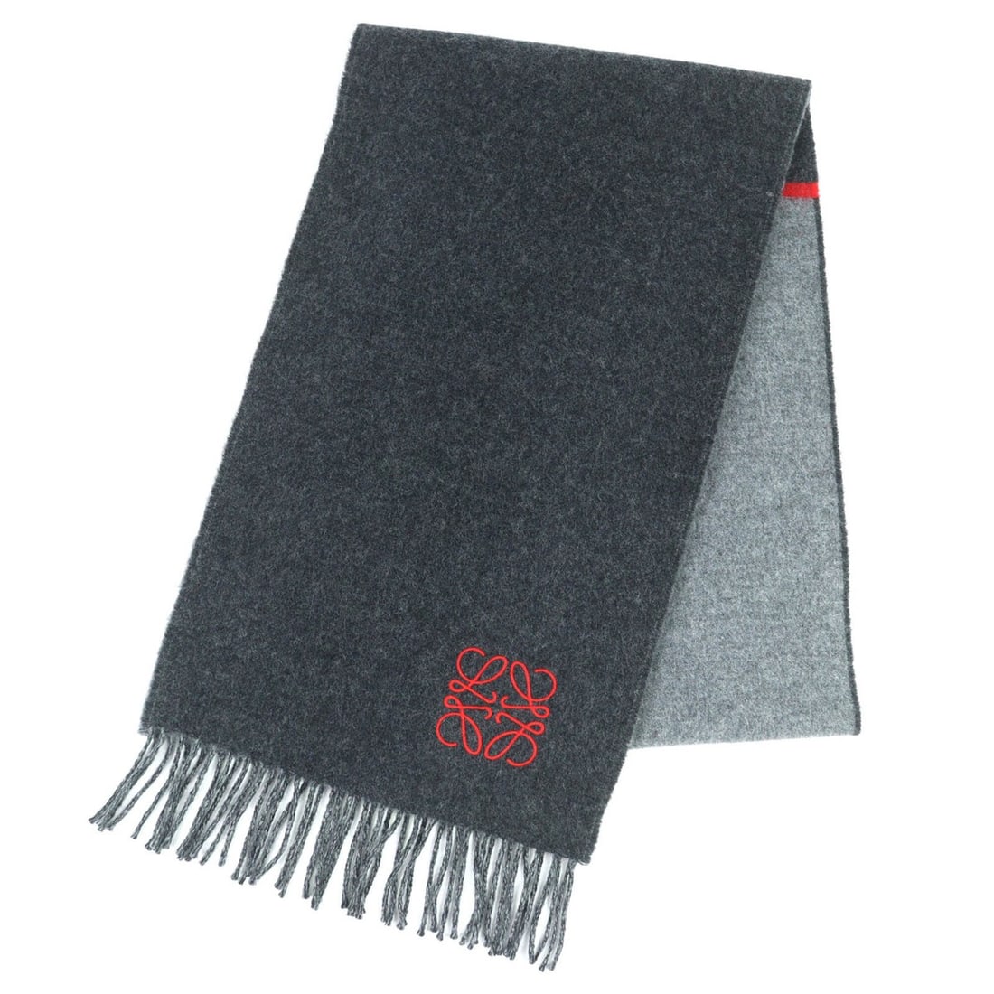 LOEWE wool and cashmere long scarf with anagram embroidery fringe, gray red, made in England,: --- Catalog ---Category: SizeSize (LxW): 1.8m x 27.5cm / 70.86'' x 10.82''Category: DesignType: StoleColor: Gray, Red colorGender: WomenMaterial: Wool , Cashmere Category: GeneralBrand: LoeweCountry o