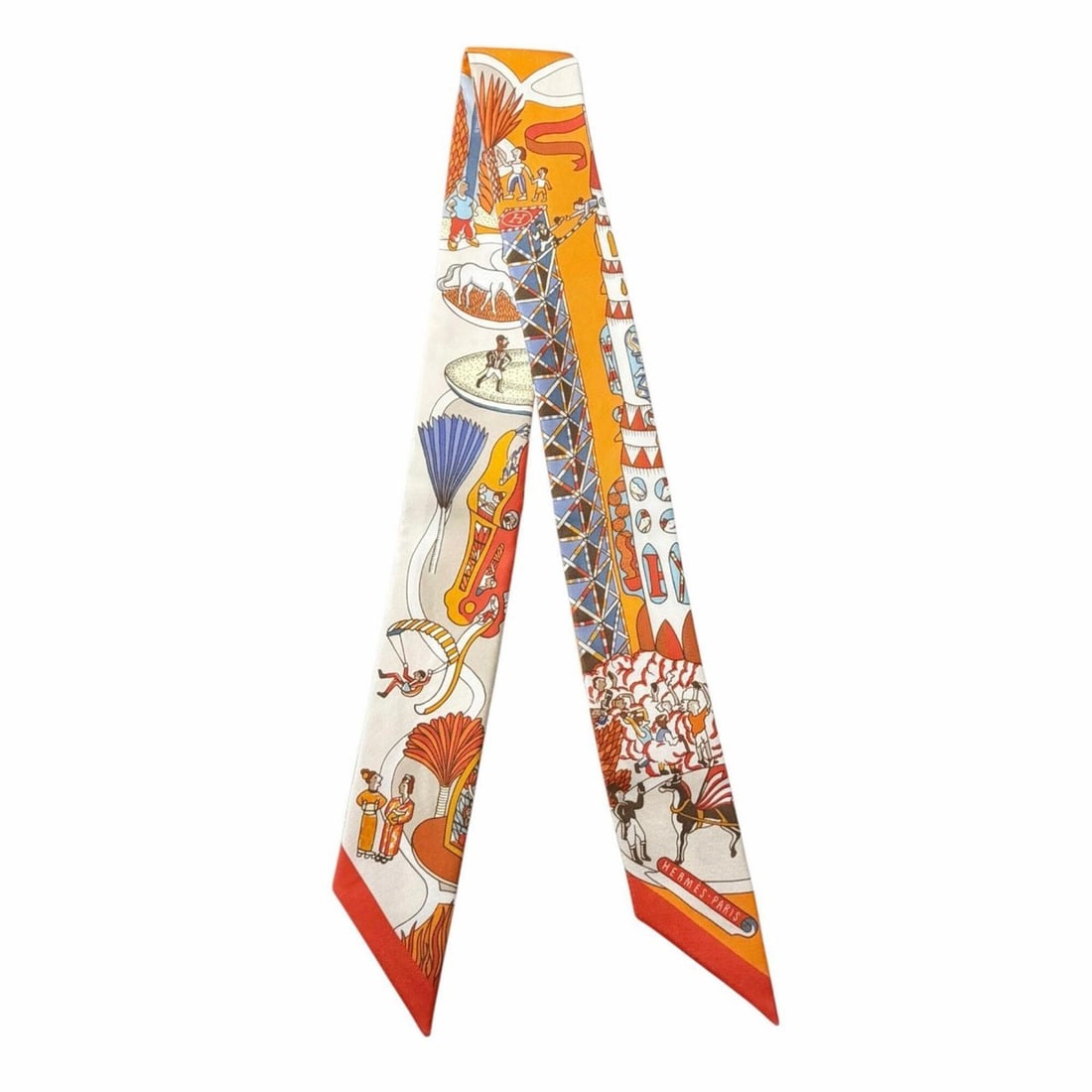 HERMES Twilly Exposition Universelle (World's Fair) 100% Silk Scarf/Muffler, Orange Multi, Made in: --- Catalog ---Category: SizeSize (LxW): 85.5cm x 5cm / 33.66'' x 1.96''Category: DesignType: ScarfColor: OrangeGender: WomenMaterial: Silk Category: GeneralBrand: HermesCountry of Origin: France--- I