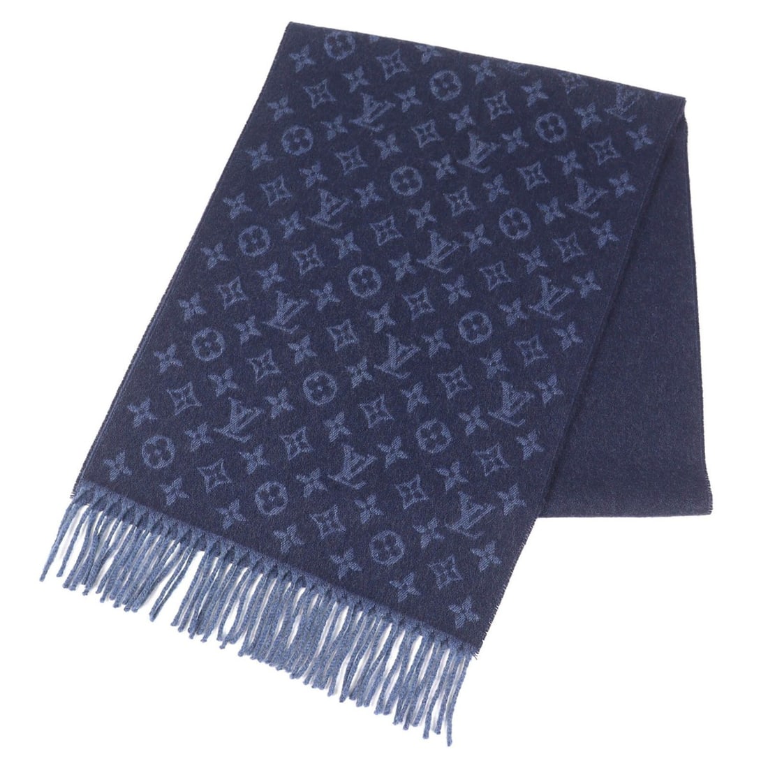 LOUIS VUITTON Louis Vuitton 2016 model M70257 Echarpe Monogram Gradient Cashmere Wool Fringe Scarf: --- Catalog ---Category: SizeSize (LxW): 1.78m x 36cm / 70.07'' x 14.17''Category: DesignType: StoleColor: NavyGender: MenMaterial: Cashmere , Wool Category: GeneralLine: MonogramBrand: Louis VuittonC