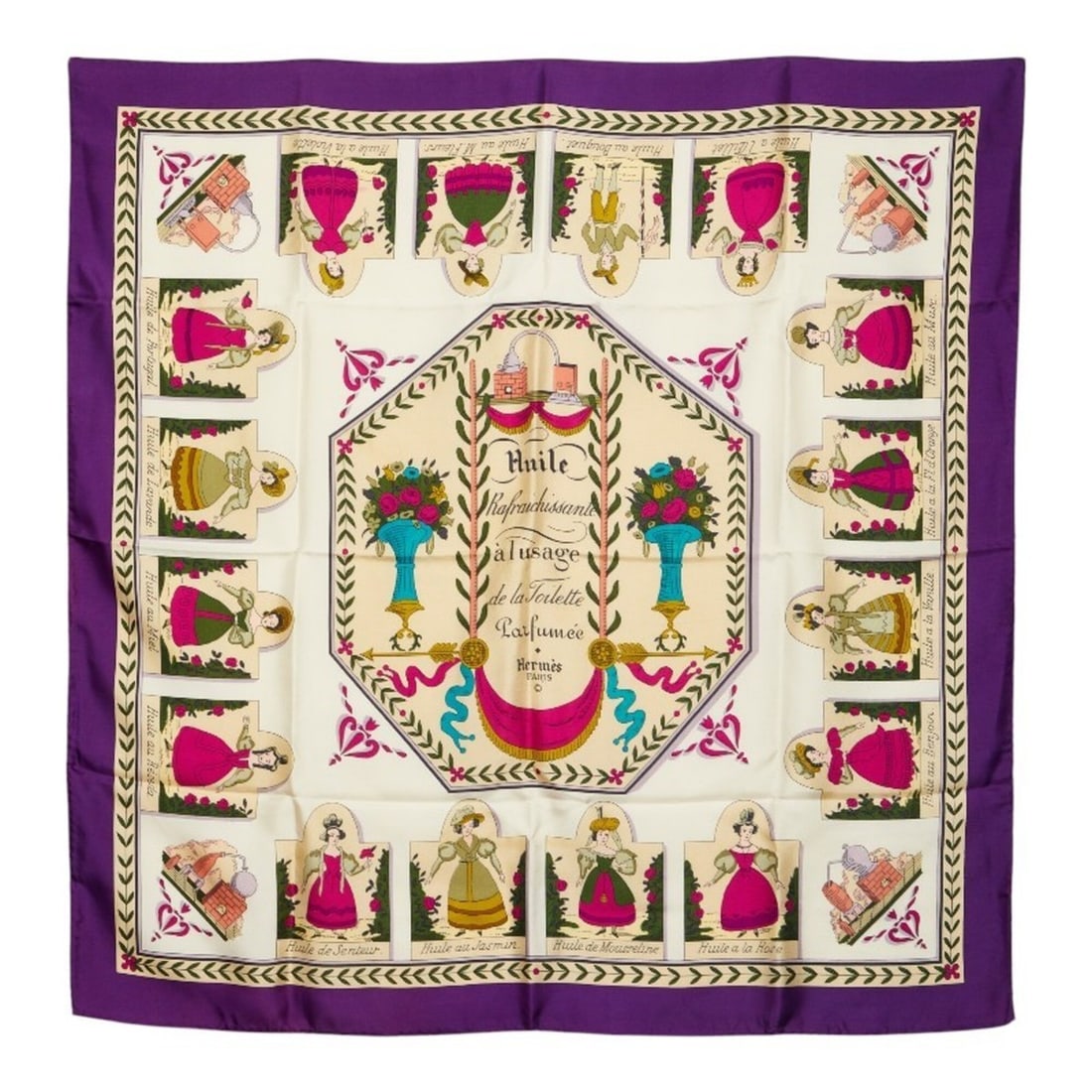 Hermes Carre 90 Fluid Rafraichissante l'Usage de la Toilette Parfume Floral Plantation Scarf Muffler: --- Catalog ---Category: SizeSize (LxW): 88cm x 88cm / 34.64'' x 34.64''Category: DesignType: ScarfColor: Multi-color, Purple, WhiteGender: WomenMaterial: Silk Category: GeneralBrand: Hermes--- Item L
