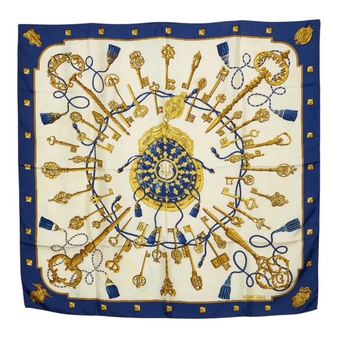 Hermes Carre 90 LES CLES Key Scarf/Muffler, Blue Multicolor Silk, Women's: --- Catalog ---Category: SizeSize (LxW): 88cm x 88cm / 34.64'' x 34.64''Category: DesignType: ScarfColor: Blue, Multi-colorGender: WomenMaterial: Silk Category: GeneralBrand: Hermes--- Item List ---Se