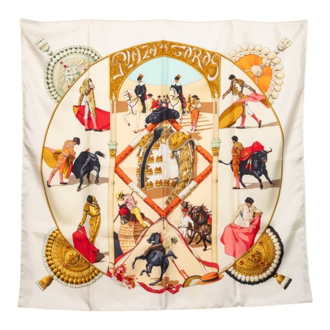 Hermes Carre 90 Plaza de Toros Bullring Scarf Muffler Ivory Multicolor Silk Women's HERMES: --- Catalog ---Category: SizeSize (LxW): 87cm x 88cm / 34.25'' x 34.64''Category: DesignType: ScarfColor: Ivory, Multi-colorGender: WomenMaterial: Silk Category: GeneralBrand: Hermes--- Item List ---S
