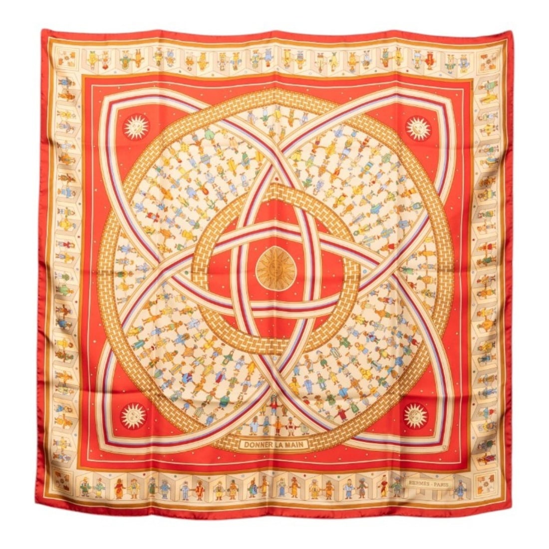 Hermes Carre 90 Donner La Main (Reaching Hand) Scarf/Muffler, Red Multicolor Silk, Women's HERMES: --- Catalog ---Category: SizeSize (LxW): 88cm x 88.5cm / 34.64'' x 34.84''Category: DesignType: ScarfColor: Multi-color, Red colorGender: WomenMaterial: Silk Category: GeneralBrand: Hermes--- Item Lis