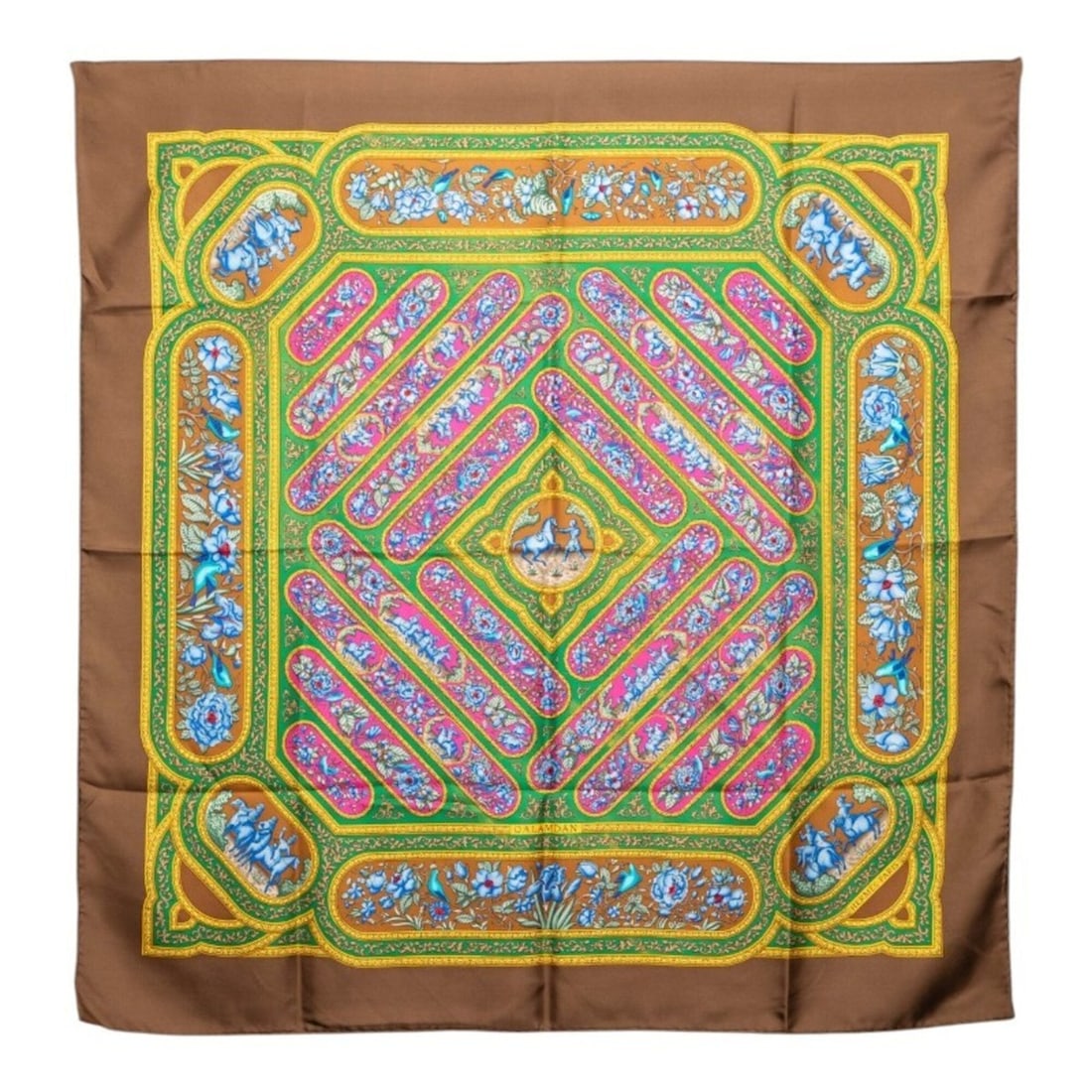 Hermes Carre 90 QALAMDAN Scarf/Muffler, Brown Multicolor Silk, Women's: --- Catalog ---Category: SizeSize (LxW): 88.5cm x 86cm / 34.84'' x 33.85''Category: DesignType: ScarfColor: Brown, Multi-colorGender: WomenMaterial: Silk Category: GeneralBrand: Hermes--- Item List --