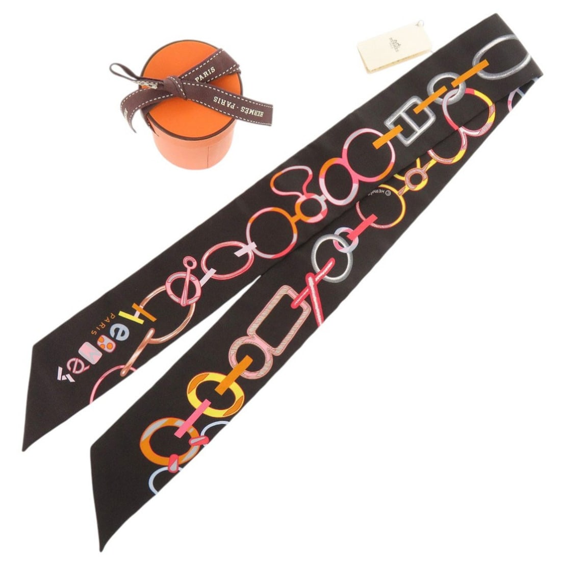 Unused Hermes Twilly Do Re Boucles Silk Noir Scarf Muffler Black 0395HERMES: --- Catalog ---Category: SizeSize (LxW): 85cm / 33.46''Category: DesignType: ScarfColor: Black, Multi-colorGender: WomenMaterial: Silk Category: GeneralBrand: HermesCountry of Origin: France--- Item L