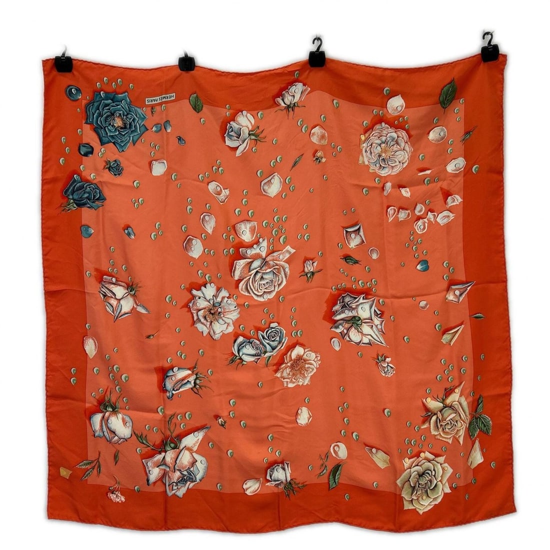 HERMES Hermes Orange Rose Drop Silk Carre 90 Scarf for Women: --- Catalog ---Category: SizeSize (LxW): 87cm x 90cm / 34.25'' x 35.43''Category: DesignType: ScarfColor: OrangeGender: WomenMaterial: Silk Category: GeneralBrand: Hermes--- Item List ---Section: Cond