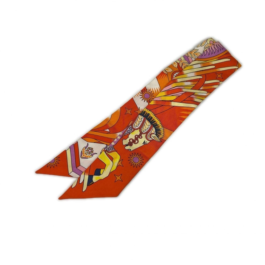 HERMES Hermes Orange Pegasus Spring Twilly Scarf Women's: --- Catalog ---Category: SizeSize (LxW): 86cm x 5cm / 33.85'' x 1.96''Category: DesignType: ScarfColor: OrangeGender: WomenMaterial: Silk Category: GeneralBrand: Hermes--- Item List ---Section: Condit