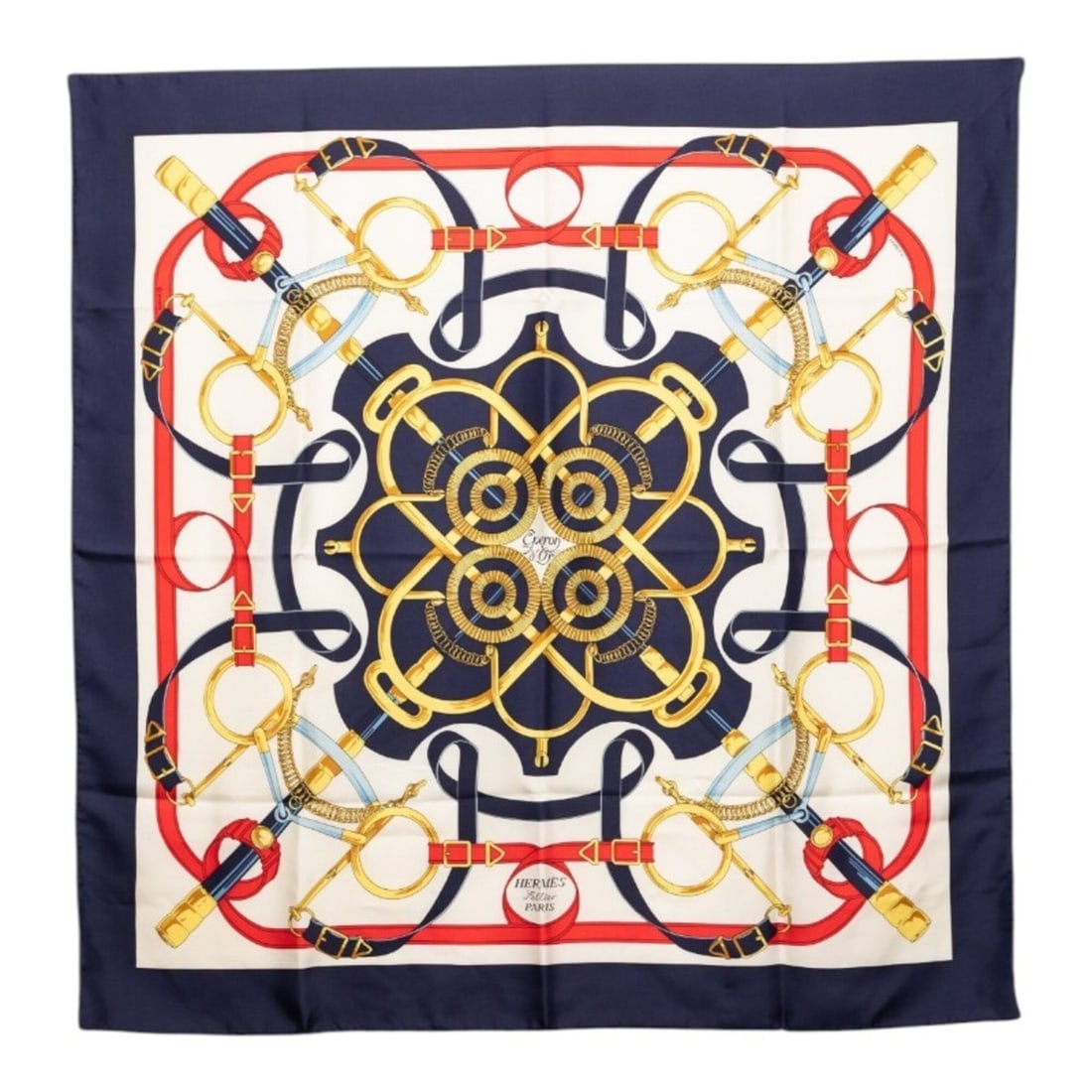 Hermes Carre 90 Eperon d’or (Golden Spur) Scarf/Muffler, Navy Multicolor Silk, Women's.: --- Catalog ---Category: SizeSize (LxW): 89cm x 87.5cm / 35.03'' x 34.44''Category: DesignType: ScarfColor: Multi-color, NavyGender: WomenMaterial: Silk Category: GeneralBrand: Hermes--- Item List ---