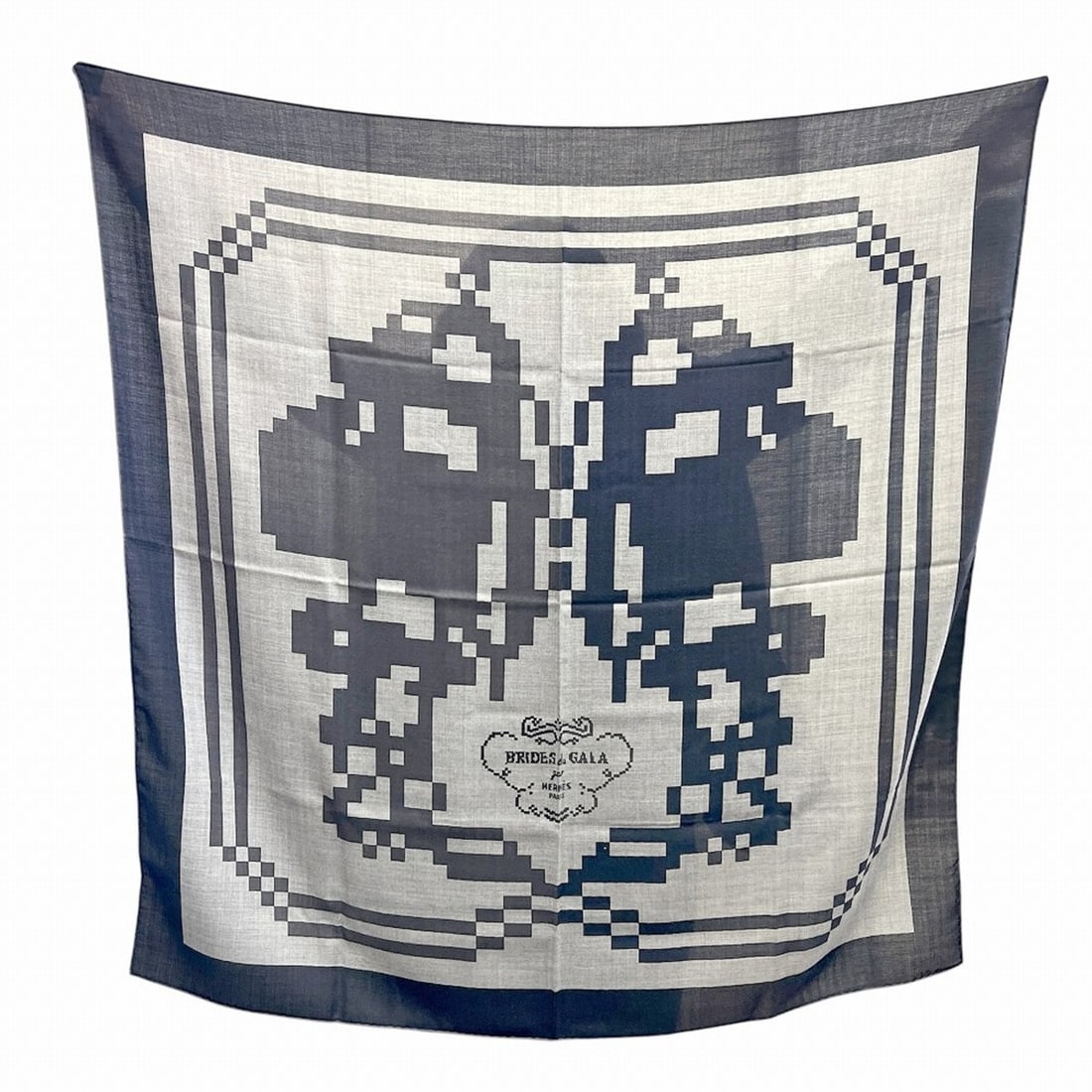 HERMES Carre H100 Brides de Gala Pixel Cashmere Silk Gray Navy Scarf/Muffler for Women and Men (1 of 20)
