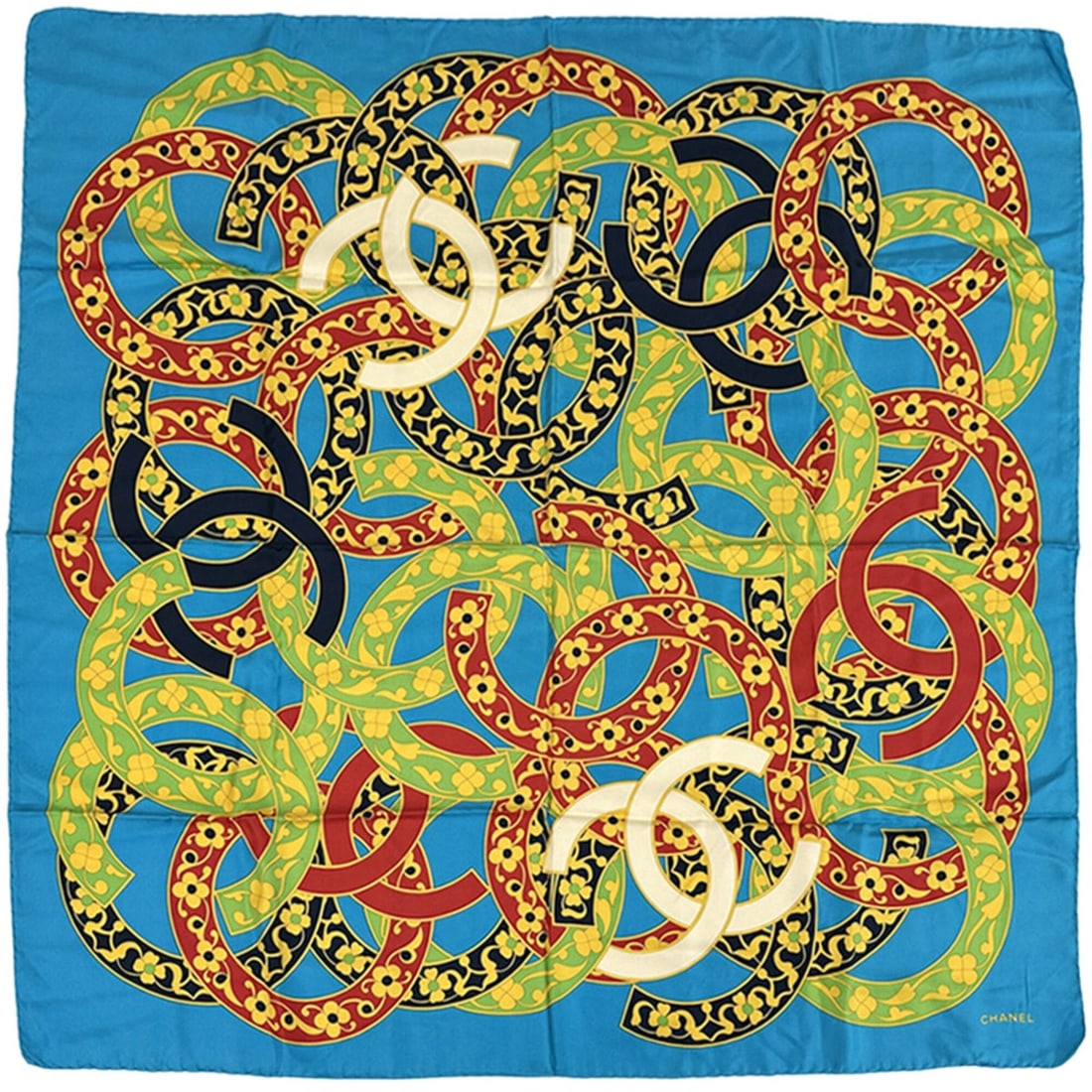 Chanel scarf/muffler, Coco Mark, women's, brand name, silk, blue, multicolor: --- Catalog ---Category: SizeSize (LxW): 96cm x 96cm / 37.79'' x 37.79''Category: DesignType: ScarfColor: Blue, Multi-colorGender: WomenMaterial: Silk Category: GeneralBrand: ChanelCountry of Origin: 