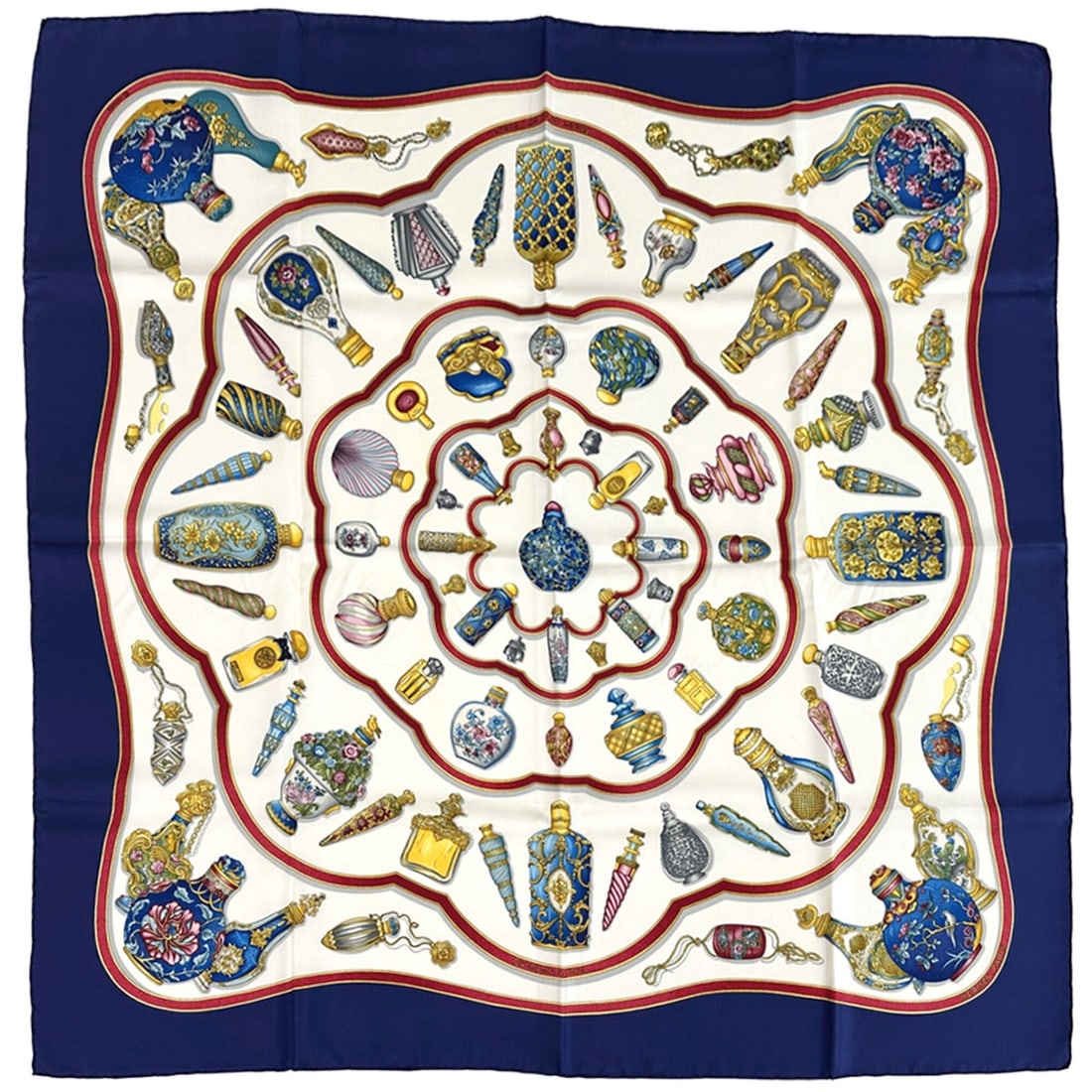 Hermes scarf/muffler, Carre 90, "Qu'importe le flacon" perfume bottle design, women's, brand name,: --- Catalog ---Category: SizeSize (LxW): 90cm x 90cm / 35.43'' x 35.43''Category: DesignType: ScarfColor: Multi-color, NavyGender: WomenMaterial: Silk Category: GeneralBrand: HermesCountry of Origin: 
