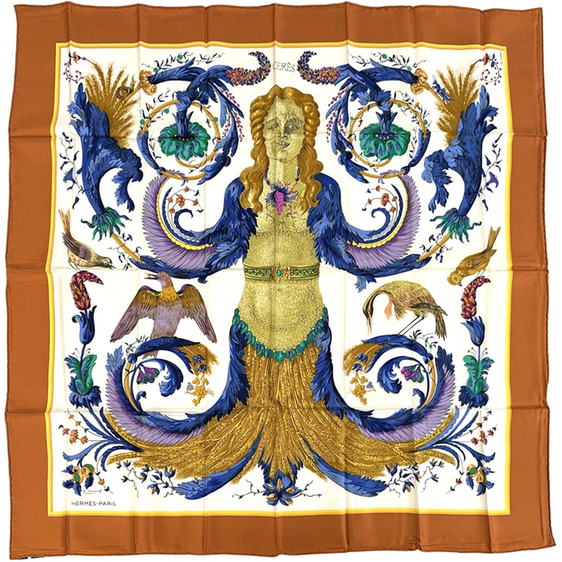 Hermes scarf/muffler, Carre 90, Ceres (Goddess Ceres), women's, brand name, silk, orange,: --- Catalog ---Category: SizeSize (LxW): 90cm x 90cm / 35.43'' x 35.43''Category: DesignType: ScarfColor: Multi-color, OrangeGender: WomenMaterial: Silk Category: GeneralBrand: HermesCountry of Origin