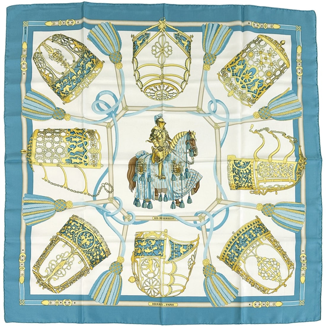 Hermes scarf/muffler, Carre 90, LES MUSEROLLES, with nose strap, women's, brand, silk, blue.: --- Catalog ---Category: SizeSize (LxW): 90cm x 90cm / 35.43'' x 35.43''Category: DesignType: ScarfColor: BlueGender: WomenMaterial: Silk Category: GeneralBrand: HermesCountry of Origin: France--- Ite