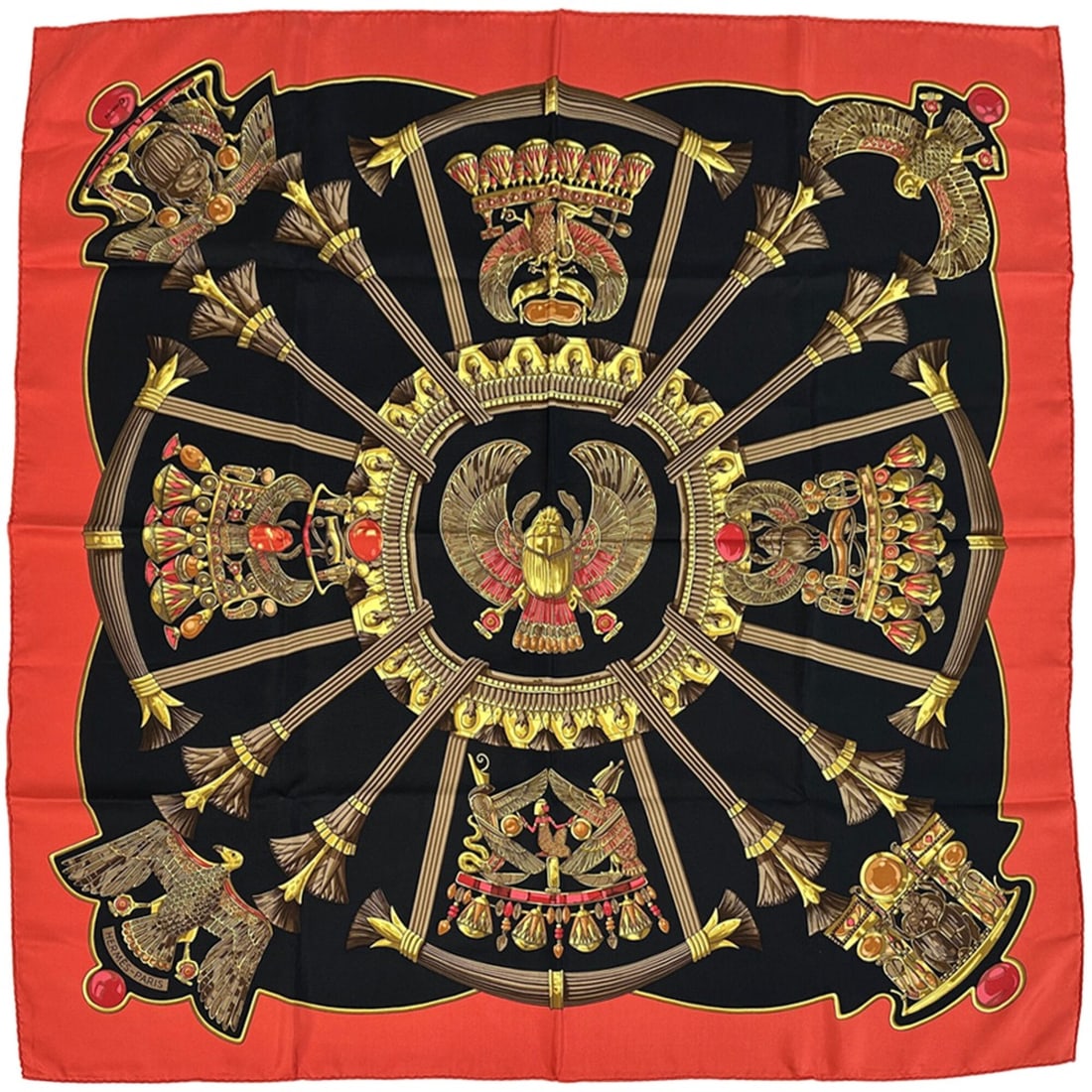 Hermes scarf/muffler, Carre 90, Caty design, ancient Egyptian motif, women's, silk, red and black,: --- Catalog ---Category: SizeSize (LxW): 90cm x 90cm / 35.43'' x 35.43''Category: DesignType: ScarfColor: Black, Red colorGender: WomenMaterial: Silk Category: GeneralBrand: HermesCountry of Origin: F