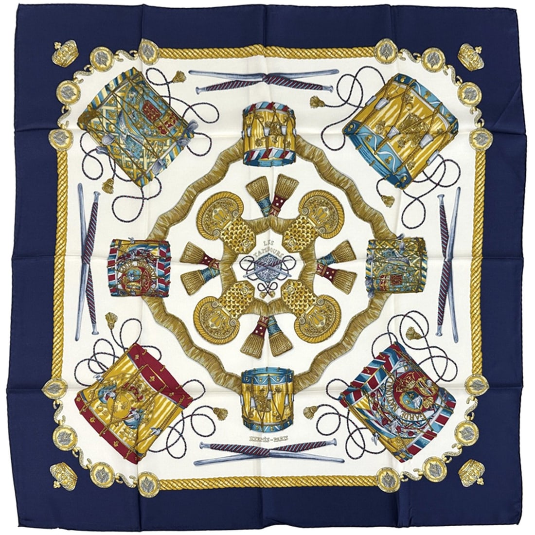 Hermes scarf/muffler, Carre 90, Les Tambours (Tambour Drums), women's, silk, navy, multicolor,: --- Catalog ---Category: SizeSize (LxW): 90cm x 90cm / 35.43'' x 35.43''Category: DesignType: ScarfColor: Multi-color, NavyGender: WomenMaterial: Silk Category: GeneralBrand: HermesCountry of Origin: 