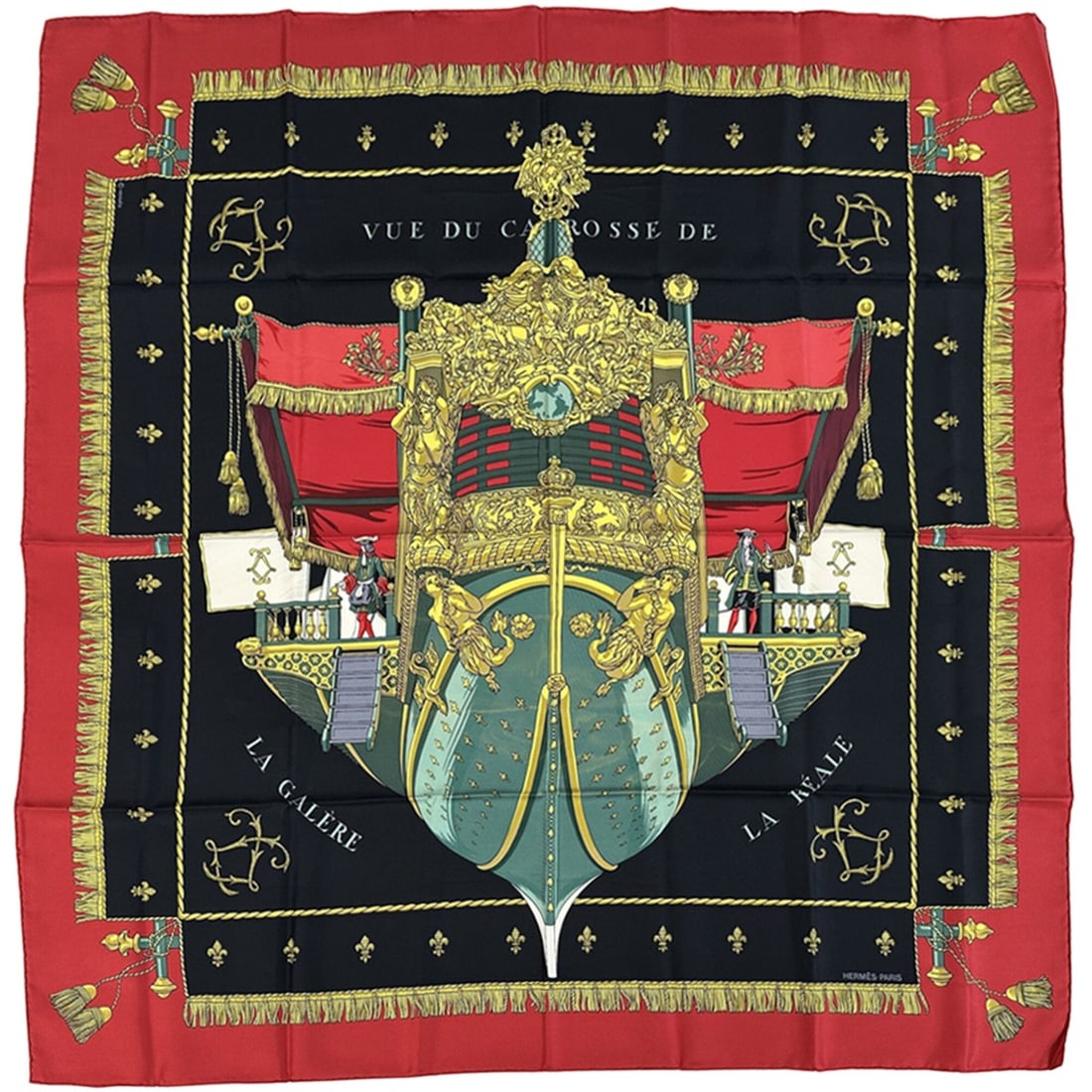 Hermes scarf/muffler, Carre 90, VUE DU CARROSSE DE LA REALE (Queen's Coronation), women's, brand,: --- Catalog ---Category: SizeSize (LxW): 90cm x 90cm / 35.43'' x 35.43''Category: DesignType: ScarfColor: Black, Red colorGender: WomenMaterial: Silk Category: GeneralBrand: HermesCountry of Origin: F