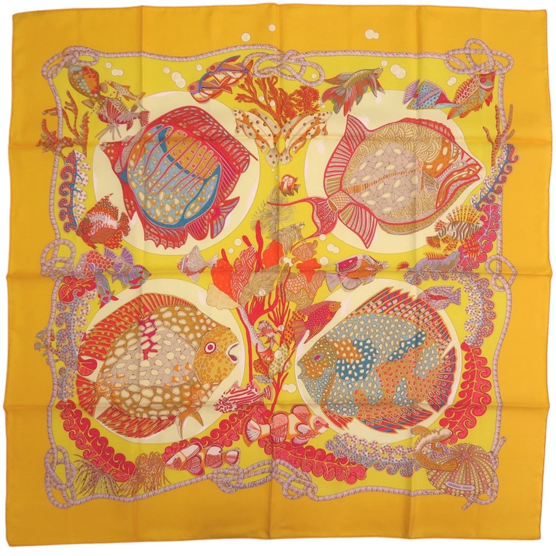 Like New Hermes Carre 90 GRANDS FONDS Deep Sea Silk Scarf/Muffler, Yellow 1799HERMES (1 of 11)